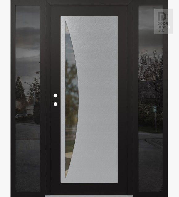 Modern Steel Front Door Diamond C13 68" x 80" black/black clear Glass Panel stainless steel RHI with 2 Sidelites mirrored Glass