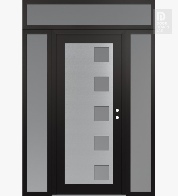 Modern Steel Front Door Diamond C5 68" x 96" black/white frosted Glass Panel stainless steel LHI with 2 Sidelites and Transom frosted Glass