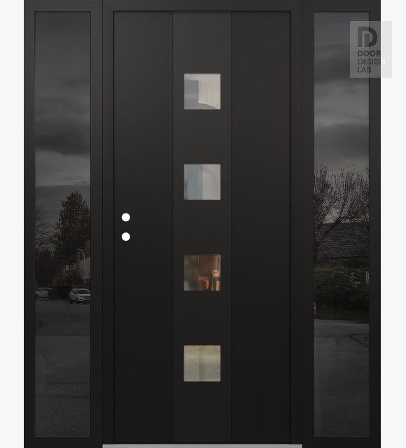 Modern Steel Front Door DIAMOND A12 64" X 80" BLACK/BLACK CLEAR GLASS PANEL BLACK RHI WITH 2 SIDELITES MIRRORED GLASS