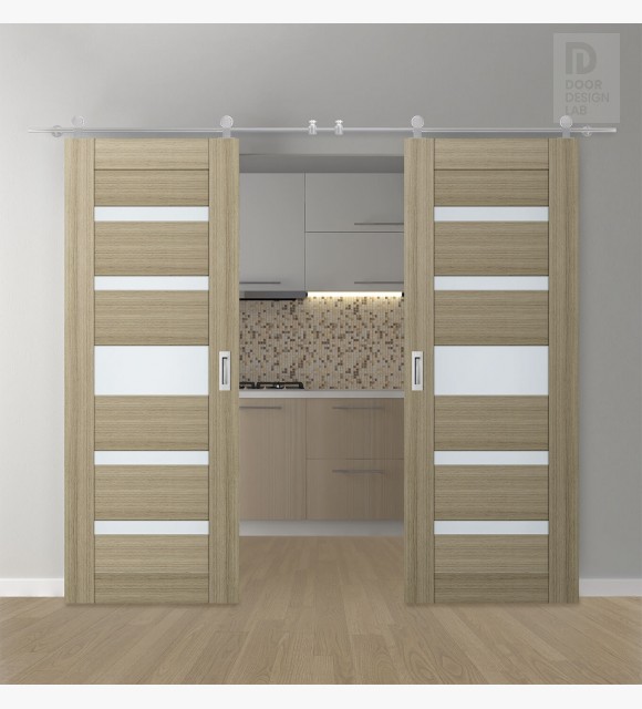 DOUBLE BARN DOOR AVON 07-05 VETRO SHAMBOR 36" X 80" X 1 3/4" STAINLESS STEEL HARDWARE