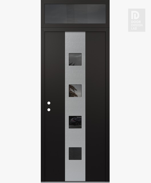 Modern Steel Front Door DIAMOND A12 36" X 96" BLACK/BLACK MIRRORED GLASS PANEL STAINLESS STEEL RHI WITH TRANSOM MIRRORED GLASS