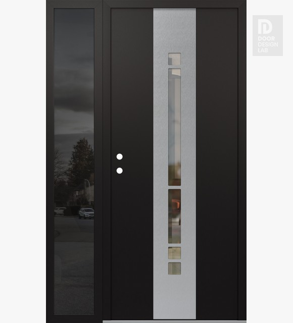 Modern Steel Front Door DIAMOND A3 50" X 80" BLACK/BLACK CLEAR GLASS PANEL STAINLESS STEEL RHI WITH SIDELITE MIRRORED GLASS
