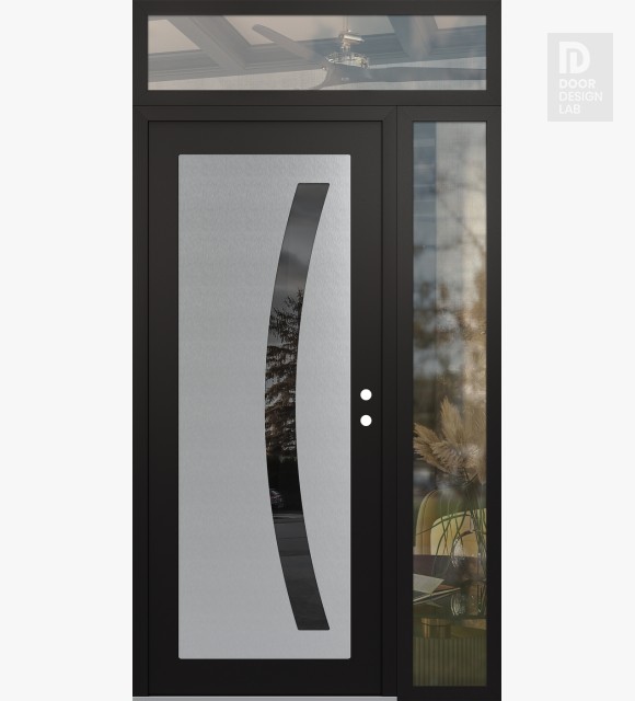 Modern Steel Front Door Diamond C4 52" x 96" black/black mirrored Glass Panel stainless steel LHI with Sidelite and Transom clear Glass