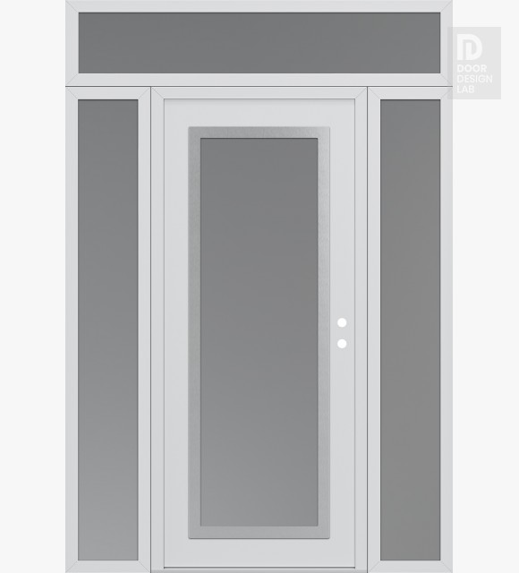 Modern Steel Front Door Diamond C1 60" x 96" white/white frosted Glass Panel stainless steel LHI with 2 Sidelites and Transom frosted Glass