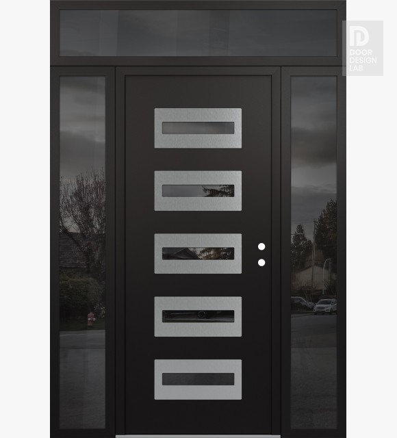 Modern Steel Front Door Diamond D4 64" x 96" black/black mirrored Glass Panel stainless steel LHI with 2 Sidelites and Transom mirrored Glass