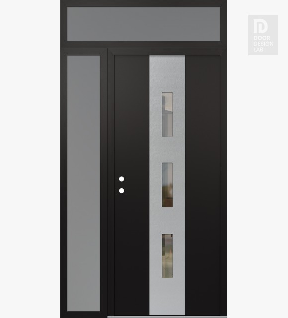 Modern Steel Front Door DIAMOND A7 48" X 96" BLACK/BLACK CLEAR GLASS PANEL STAINLESS STEEL RHI WITH SIDELITE AND TRANSOM FROSTED GLASS