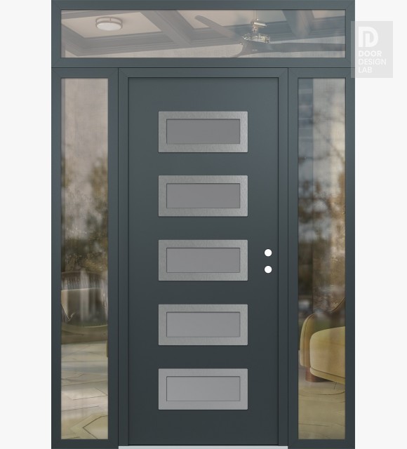Modern Steel Front Door Diamond D1 60" x 96" anthracite/anthracite frosted Glass Panel stainless steel LHI with 2 Sidelites and Transom clear Glass