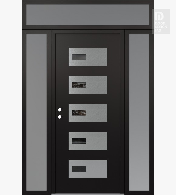 Modern Steel Front Door Diamond D7 64" x 96" black/black mirrored Glass Panel stainless steel RHI with 2 Sidelites and Transom frosted Glass