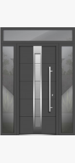 Gray Front Exterior Prehung Steel Door / Deux 1717 / 2 Side and Top Exterior Window / Stainless Inserts Single Modern Painted-W12+36+12" x H80+16"-Left-hand Inswing