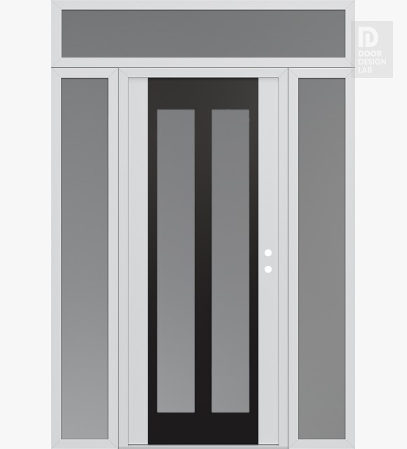 Modern Steel Front Door Diamond C14 68" x 96" white/white frosted Glass Panel black LHI with 2 Sidelites and Transom frosted Glass