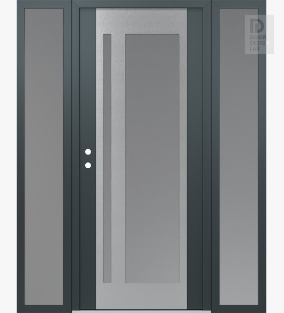 Modern Steel Front Door Diamond C15 68" x 80" anthracite/anthracite frosted Glass Panel stainless steel RHI with 2 Sidelites frosted Glass