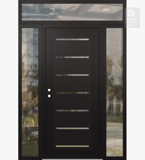 Modern Steel Front Door Diamond C11 68" x 96" black/black clear Glass Panel black RHI with 2 Sidelites and Transom clear Glass