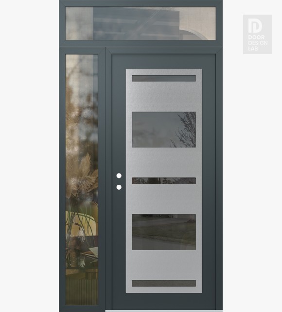 Modern Steel Front Door Diamond C10 50" x 96" anthracite/anthracite mirrored Glass Panel stainless steel RHI with Sidelite and Transom clear Glass