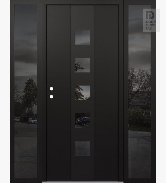 Modern Steel Front Door DIAMOND A13 60" X 80" BLACK/BLACK MIRRORED GLASS PANEL BLACK RHI WITH 2 SIDELITES MIRRORED GLASS