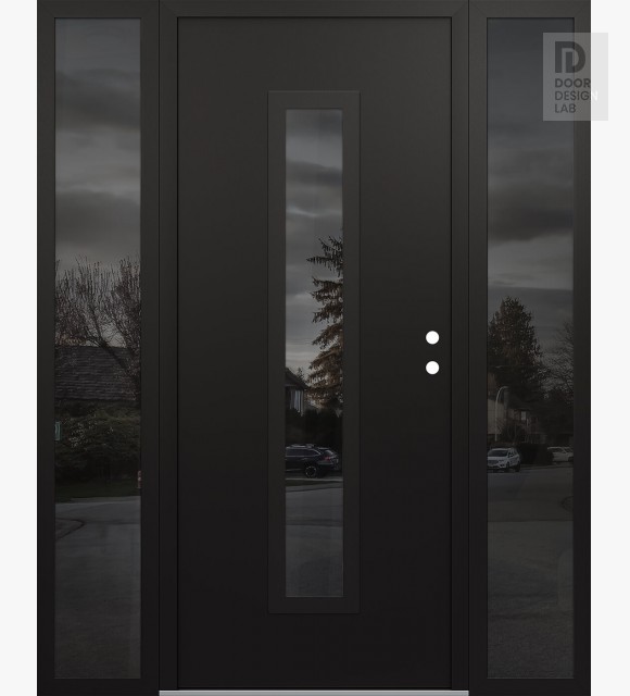 Modern Steel Front Door DIAMOND A11 68" X 80" BLACK/BLACK MIRRORED GLASS PANEL BLACK LHI WITH 2 SIDELITES MIRRORED GLASS