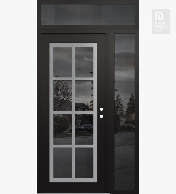 Modern Steel Front Door Diamond C16 48" x 96" black/black mirrored Glass Panel stainless steel LHI with Sidelite and Transom mirrored Glass