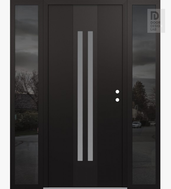 Modern Steel Front Door DIAMOND A8 64" X 80" BLACK/WHITE FROSTED GLASS PANEL BLACK LHI WITH 2 SIDELITES MIRRORED GLASS