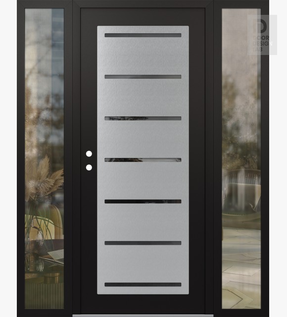 Modern Steel Front Door Diamond C11 60" x 80" black/black mirrored Glass Panel stainless steel RHI with 2 Sidelites clear Glass