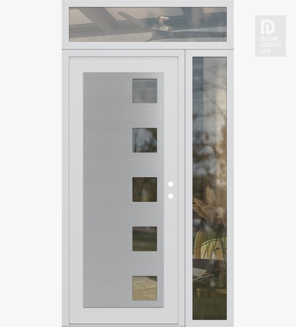 Modern Steel Front Door Diamond C5 50" x 96" white/white clear Glass Panel stainless steel LHI with Sidelite and Transom clear Glass