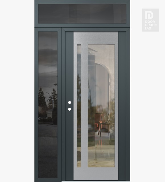 Modern Steel Front Door Diamond C15 52" x 96" anthracite/anthracite clear Glass Panel stainless steel RHI with Sidelite and Transom mirrored Glass