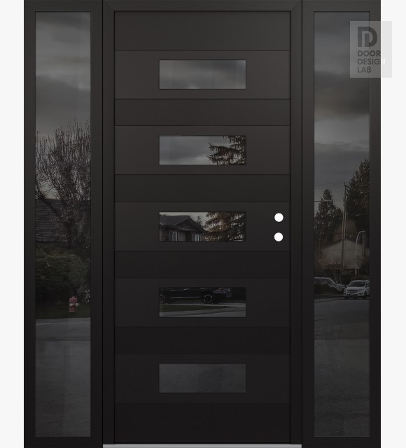 Modern Steel Front Door Diamond D5 68" x 80" black/black mirrored Glass Panel black LHI with 2 Sidelites mirrored Glass