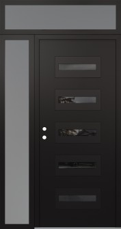 Diamond D4 50" x 96" black/black mirrored Glass Panel black RHI with Sidelite and Transom frosted Glass