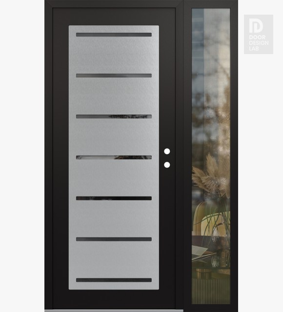 Modern Steel Front Door Diamond C11 50" x 80" black/black mirrored Glass Panel stainless steel LHI with Sidelite clear Glass