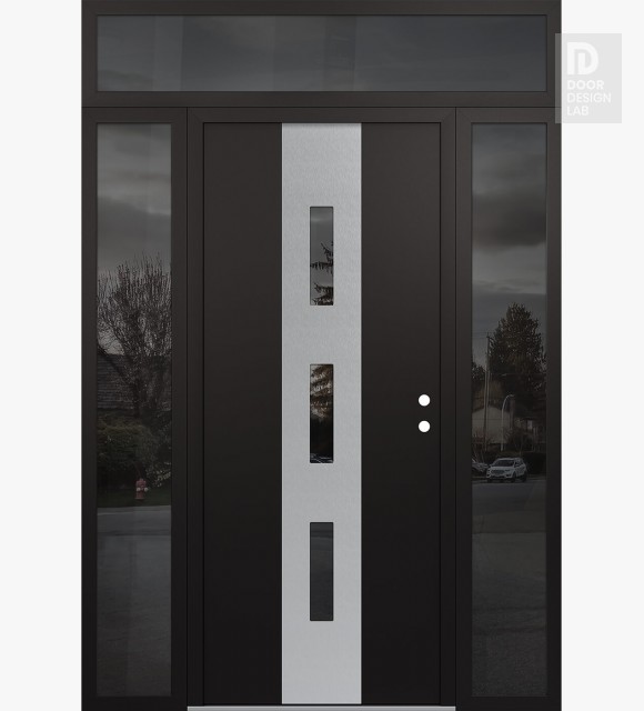 Modern Steel Front Door DIAMOND A7 60" X 96" BLACK/BLACK MIRRORED GLASS PANEL STAINLESS STEEL LHI WITH 2 SIDELITES AND TRANSOM MIRRORED GLASS