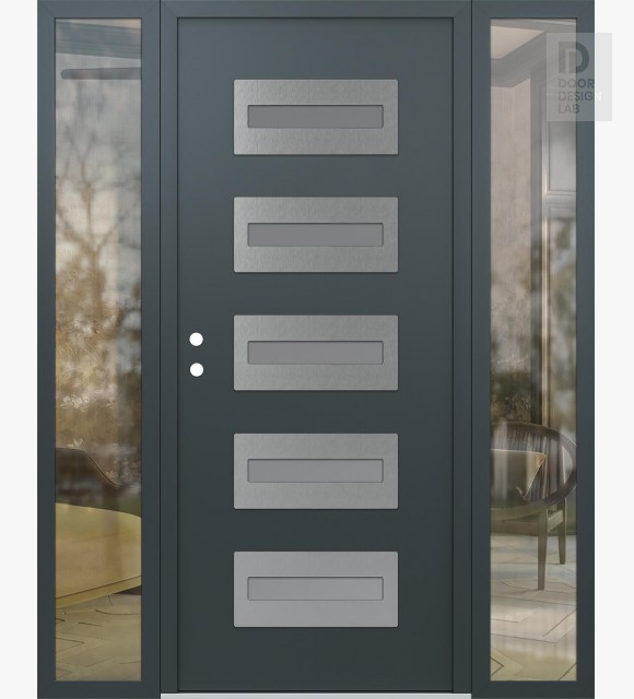 Modern Steel Front Door Diamond D4 68" x 80" anthracite/anthracite frosted Glass Panel stainless steel RHI with 2 Sidelites clear Glass