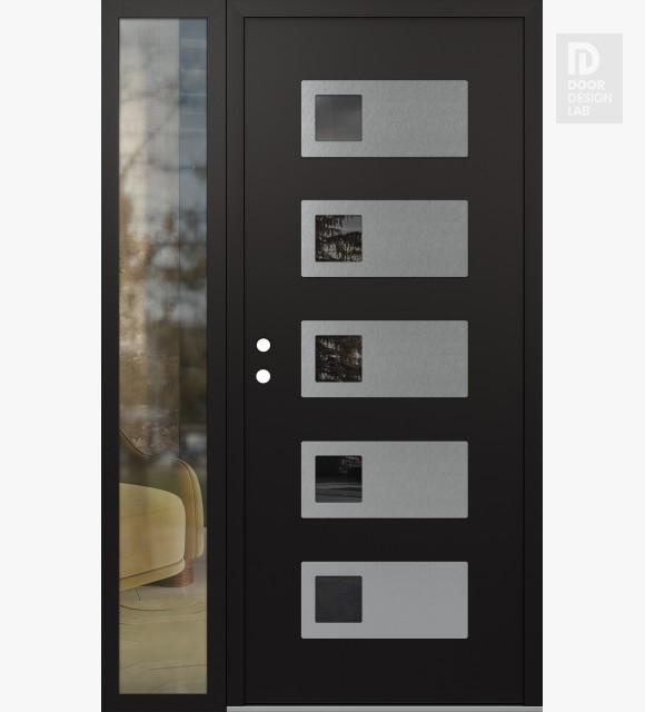 Modern Steel Front Door Diamond D2 48" x 80" black/black mirrored Glass Panel stainless steel RHI with Sidelite clear Glass