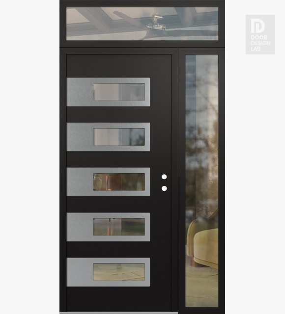 Modern Steel Front Door Diamond D3 50" x 96" black/black clear Glass Panel stainless steel LHI with Sidelite and Transom clear Glass