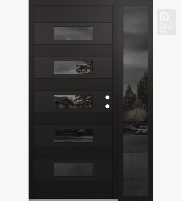 Modern Steel Front Door Diamond D5 50" x 80" black/black mirrored Glass Panel black LHI with Sidelite mirrored Glass
