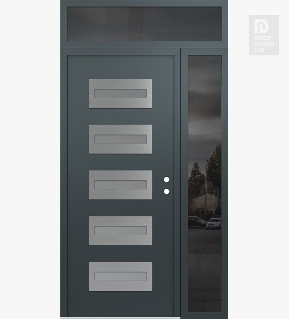 Modern Steel Front Door Diamond D4 50" x 96" anthracite/anthracite frosted Glass Panel stainless steel LHI with Sidelite and Transom mirrored Glass