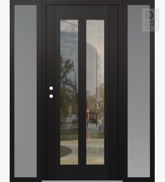 Modern Steel Front Door Diamond C14 60" x 80" black/black clear Glass Panel black RHI with 2 Sidelites frosted Glass