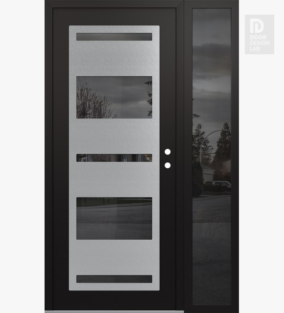Modern Steel Front Door Diamond C10 48" x 80" black/black mirrored Glass Panel stainless steel LHI with Sidelite mirrored Glass