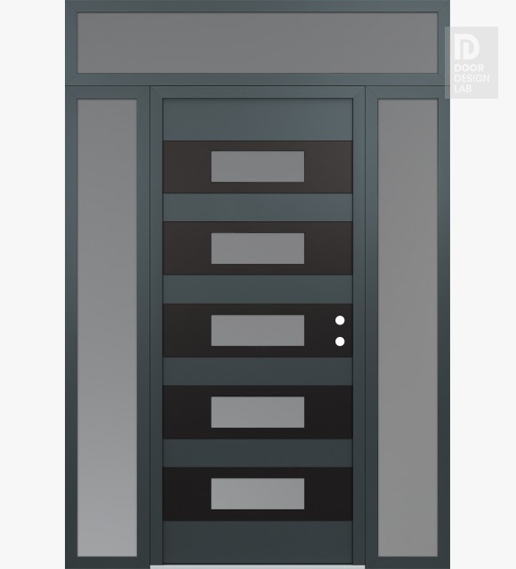Modern Steel Front Door Diamond D5 68" x 96" anthracite/anthracite frosted Glass Panel black LHI with 2 Sidelites and Transom frosted Glass