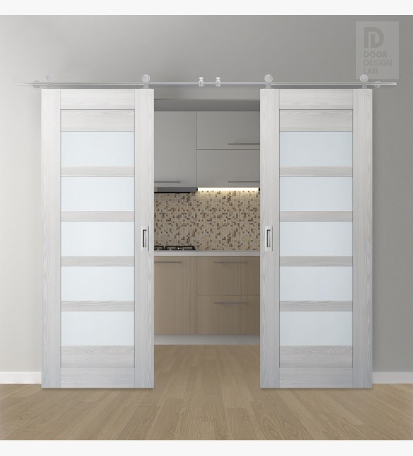 DOUBLE BARN DOOR AVON 07-07 VETRO RIBEIRA ASH 60" X 84" X 1 3/4" STAINLESS STEEL HARDWARE
