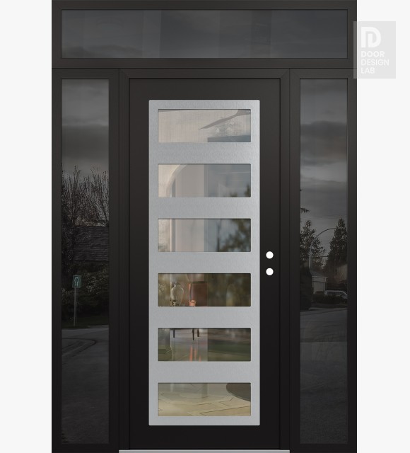 Modern Steel Front Door Diamond C9 68" x 96" black/black clear Glass Panel stainless steel LHI with 2 Sidelites and Transom mirrored Glass