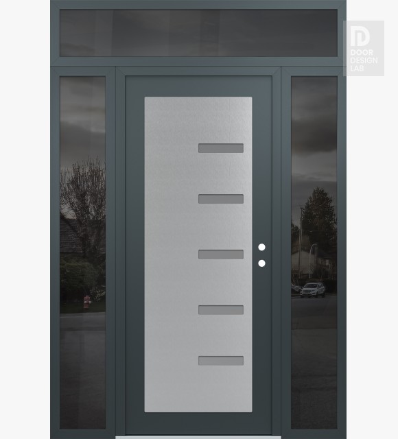Modern Steel Front Door Diamond C8 64" x 96" anthracite/anthracite frosted Glass Panel stainless steel LHI with 2 Sidelites and Transom mirrored Glass