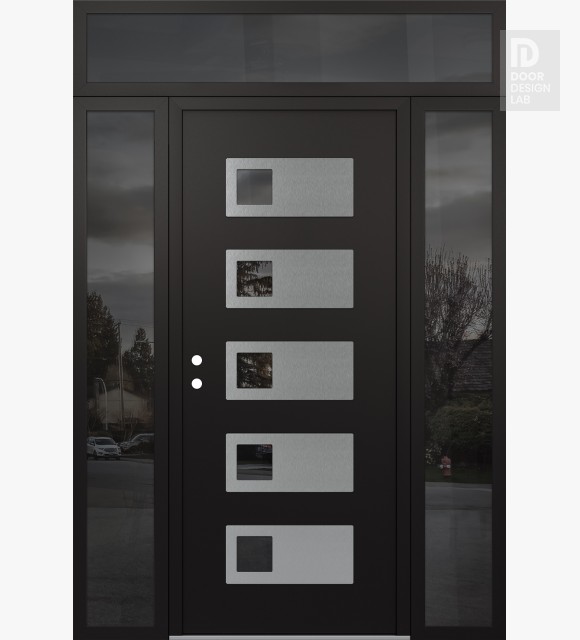 Modern Steel Front Door Diamond D2 68" x 96" black/black mirrored Glass Panel stainless steel RHI with 2 Sidelites and Transom mirrored Glass