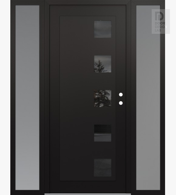 Modern Steel Front Door Diamond C5 68" x 80" black/black mirrored Glass Panel black LHI with 2 Sidelites frosted Glass