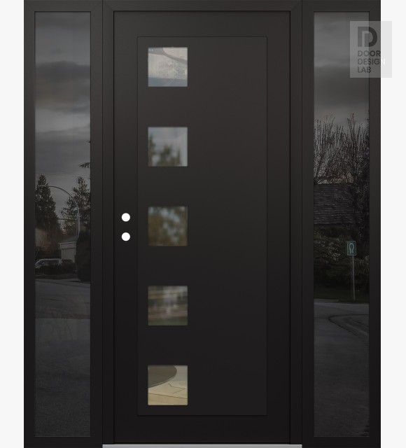 Modern Steel Front Door Diamond C5 60" x 80" black/black clear Glass Panel black RHI with 2 Sidelites mirrored Glass
