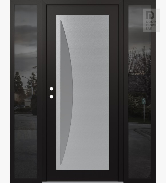 Modern Steel Front Door Diamond C13 64" x 80" black/white frosted Glass Panel stainless steel RHI with 2 Sidelites mirrored Glass