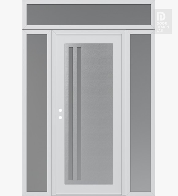Modern Steel Front Door Diamond C6 64" x 96" white/white frosted Glass Panel stainless steel RHI with 2 Sidelites and Transom frosted Glass