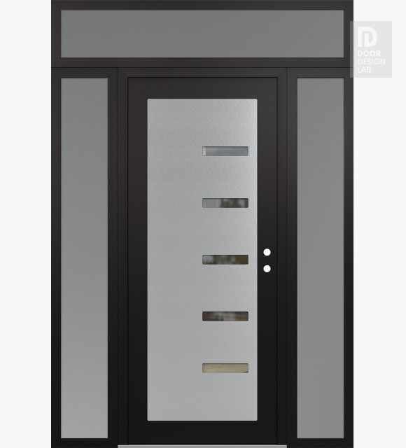 Modern Steel Front Door Diamond C8 68" x 96" black/black clear Glass Panel stainless steel LHI with 2 Sidelites and Transom frosted Glass