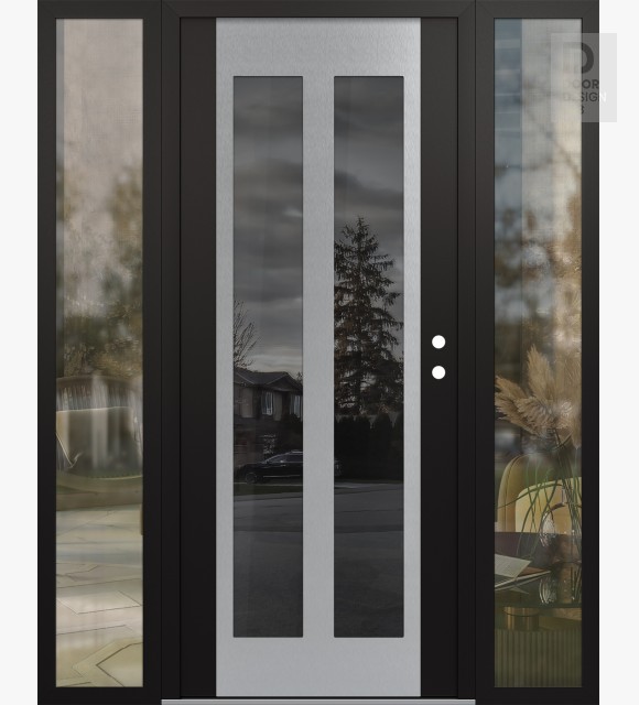 Modern Steel Front Door Diamond C14 64" x 80" black/black mirrored Glass Panel stainless steel LHI with 2 Sidelites clear Glass