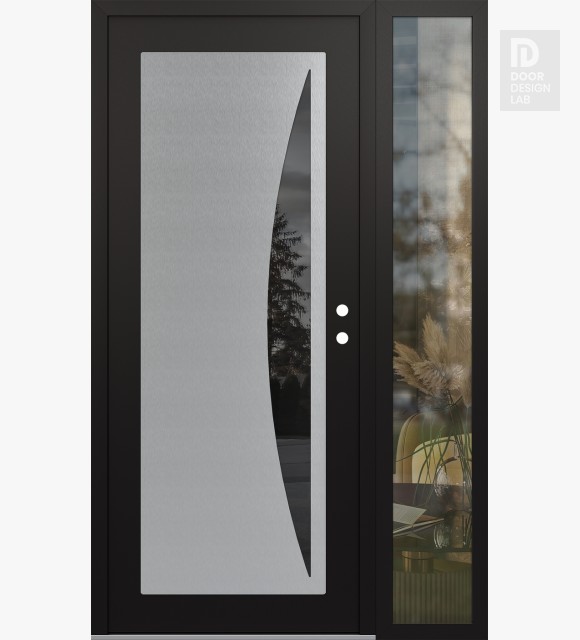 Modern Steel Front Door Diamond C13 50" x 80" black/black mirrored Glass Panel stainless steel LHI with Sidelite clear Glass