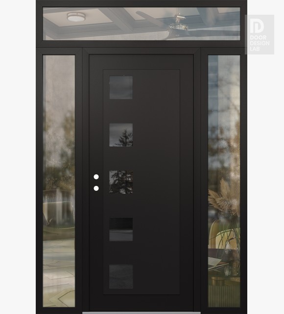 Modern Steel Front Door Diamond C5 64" x 96" black/black mirrored Glass Panel black RHI with 2 Sidelites and Transom clear Glass