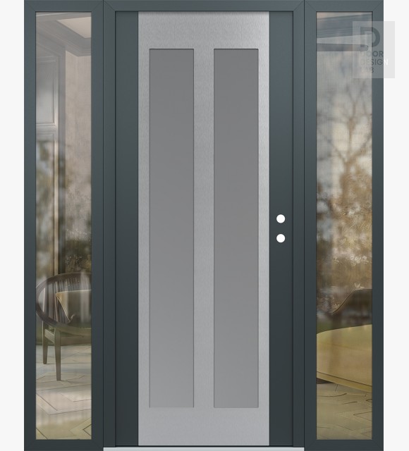 Modern Steel Front Door Diamond C14 60" x 80" anthracite/anthracite frosted Glass Panel stainless steel LHI with 2 Sidelites clear Glass