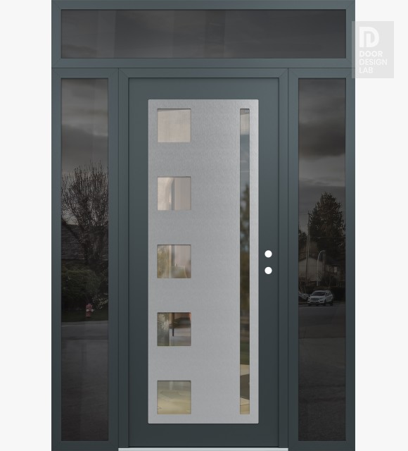 Modern Steel Front Door Diamond C3 64" x 96" anthracite/anthracite clear Glass Panel stainless steel LHI with 2 Sidelites and Transom mirrored Glass